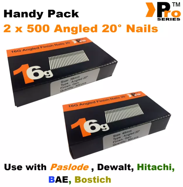 Mixed 16g ANGLED 20° Nails - 2 x 500 38mm + 45mm nail pack for Dewalt, Paslode