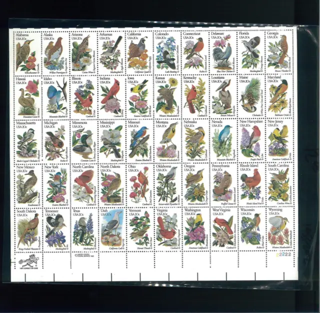 United States 20¢ State Birds & Flowers Postage Stamp #1953 MNH Full Sheet