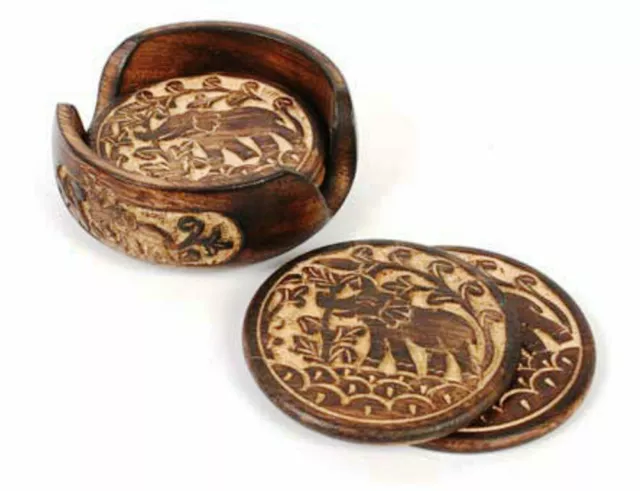 Mango Wood Round Drink Coaster Set 4 Carved Indian Elephant & Holder Tableware