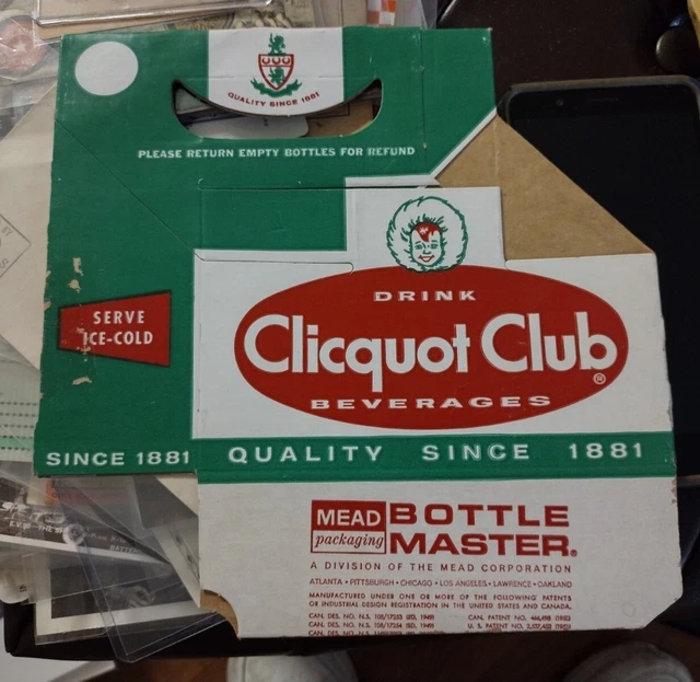 Vtg Clicquot Club Beverage Soda Cardboard Carrier-6 Pack Bottles NEVER USED!