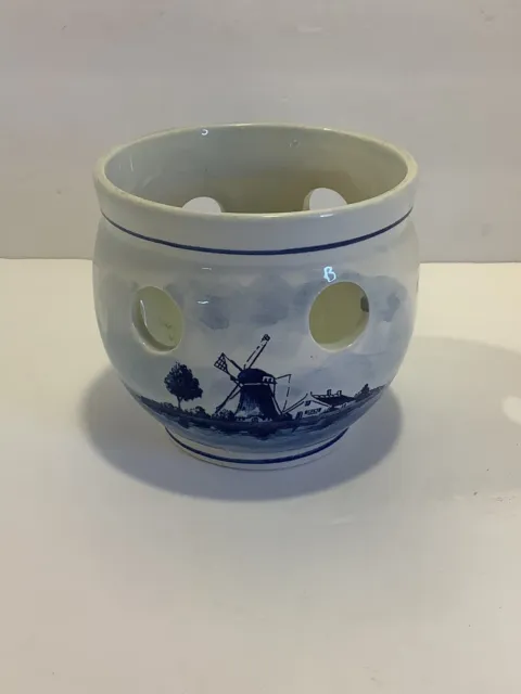 Vintage Delft Blauw Crocus Bowl Planter Blue White Hand Painted Windmill Holland