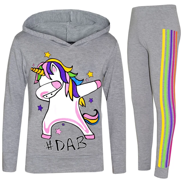 Kids Girls Unicorn Rainbow #Dab Floss Grey Top Legging Set Xmas Tracksuit 7-13Yr