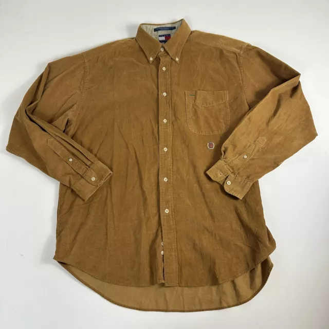 Vintage 90s Tommy Hilfiger Men Large Corduroy Brown Button Down Shirt Longsleeve