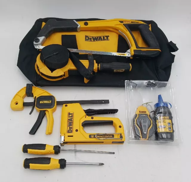 Lot Of 7 Assorted DeWalt Hand Tools - Hack Saw, Band Clamp, Stapler & Bag