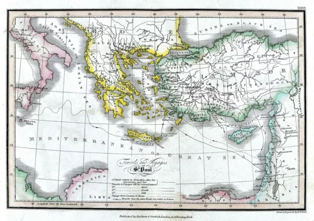 1831 Palmer Map Travels of St. Paul Canaan Israel Turkey Greece Italy Bible 2