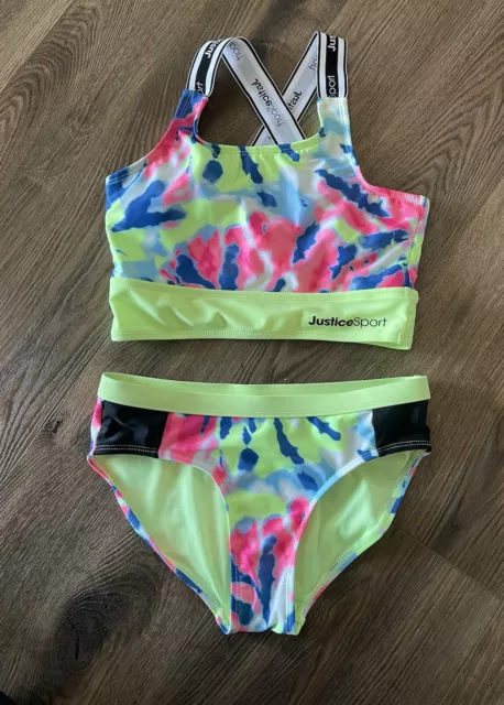 Justice Girls Sport Bikini 2 Piece Swimsuit Tie Dye Neon Large 12-14