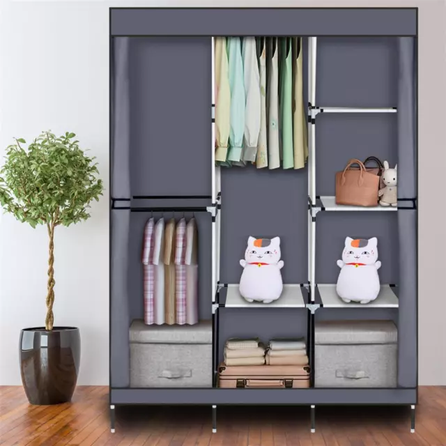 Portable Canvas Wardrobe Clothes Closet Organizers Hanging Rail Dust Proof Cover