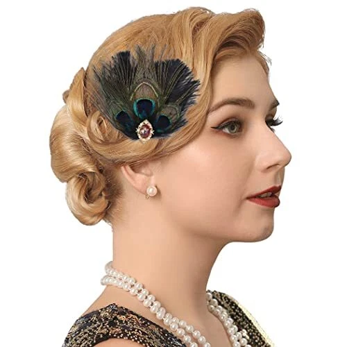 Peacock Feather Hair Clip 1920s Flapper Headband Black Feather Headpiece