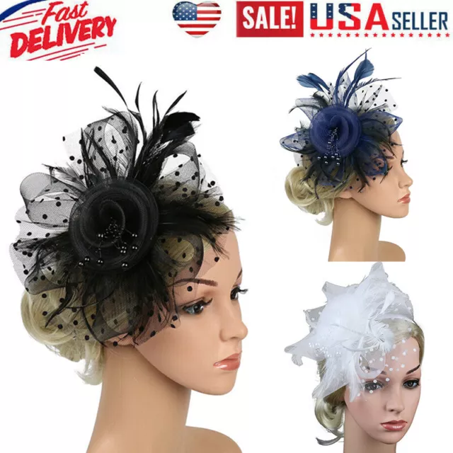 Women Fascinator Hat Headband Flower Feather Mesh Hair Clip Cocktail Tea Party