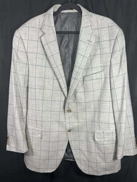 Peter Millar Mens Wool Sport Coat Gray/Blue Plaid Window Pane 2 Button Sz 46T