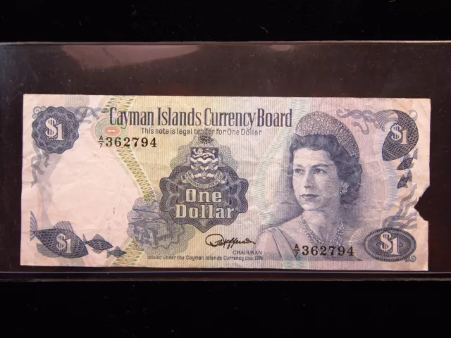 CAYMAN ISLANDS $1 Dollar 1974 Currency Board Sea Reef Fishes Queen 2794# Money