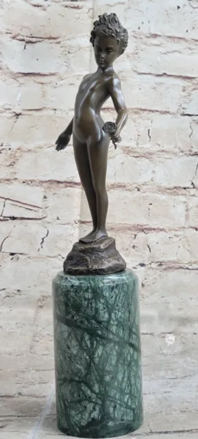 Nude Naked Boy holding single Rose Bronze Sculpture Miguel Lopez French Artist