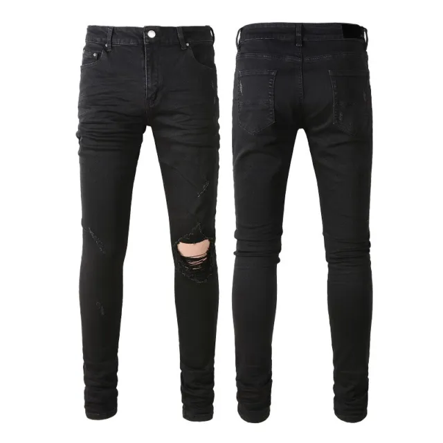Men's Stretch Denim Skinny fit Jeans with Ripped Holes, Fringe, and Aged Details