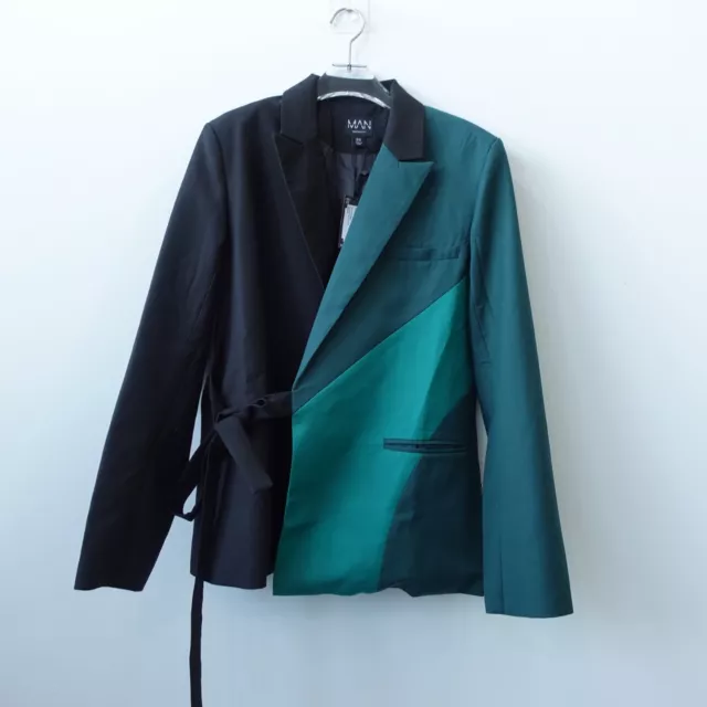 Boohoo Suit Mens 40 Black Tuxedo Formal Wrap Panel Slim Jacket Colorblock Green