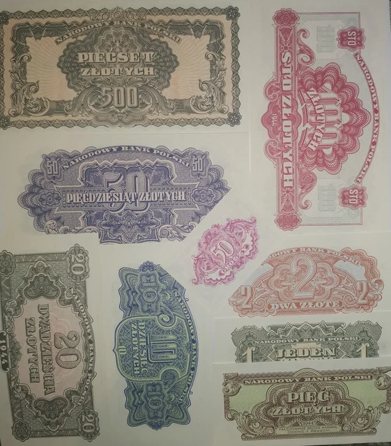 Specimen overprint POLAND 1944 RARE set 9 banknote 1/2 - 500 złotych 1979