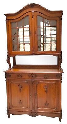 French / Louis XV Oak Display China Cabinet Display Hutch with Beveled Glass