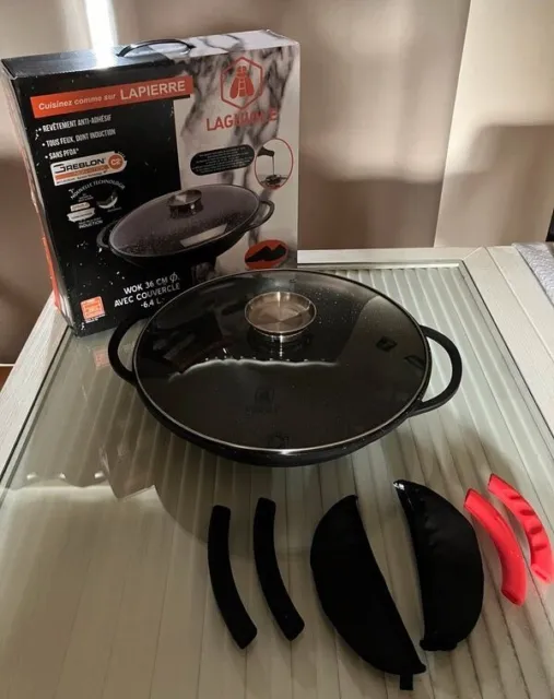 WOK LAGUIOLE 36 CM 6.4 L GREBLON avec gants à four et poignées siliconne (38)