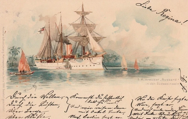 Antike Schiffskarte Ansichtskarte  S.M. Schiff "Bussard"