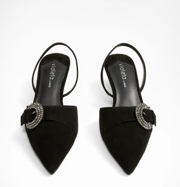 Chaussures Mango Cuir Nubuck Noir avec Boucle en Strass T.37 NEUVES DS L/BTE