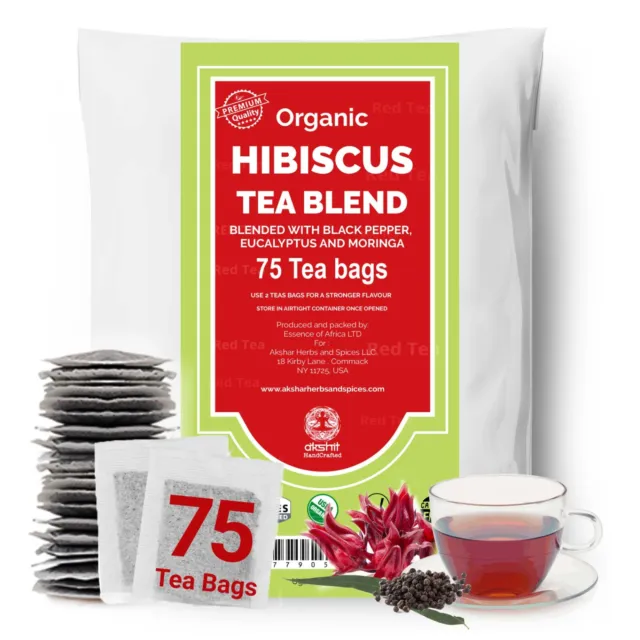 Organic Hibiscus Tea - 75 Bags,  Hibiscus Moringa Tea Blend, Caffeine Free