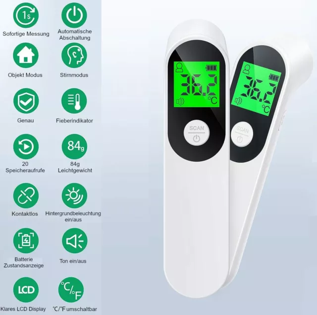 Fieberthermometer digital kontaktlos Infrarot Stirn Objekt Baby weiß C und F NEU 2