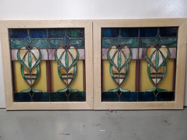 Antique American Stained Glass Window  Pair Architectural Salvage
