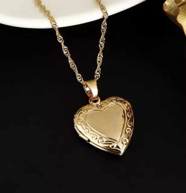 9ct Gold filled Womens Heart Locket Pendant Necklace Chain FREE Gift Box