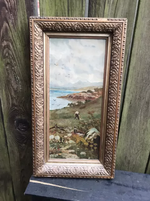 Antique Cornish coastal seascape oil painting on board gilt wood frame Victorian