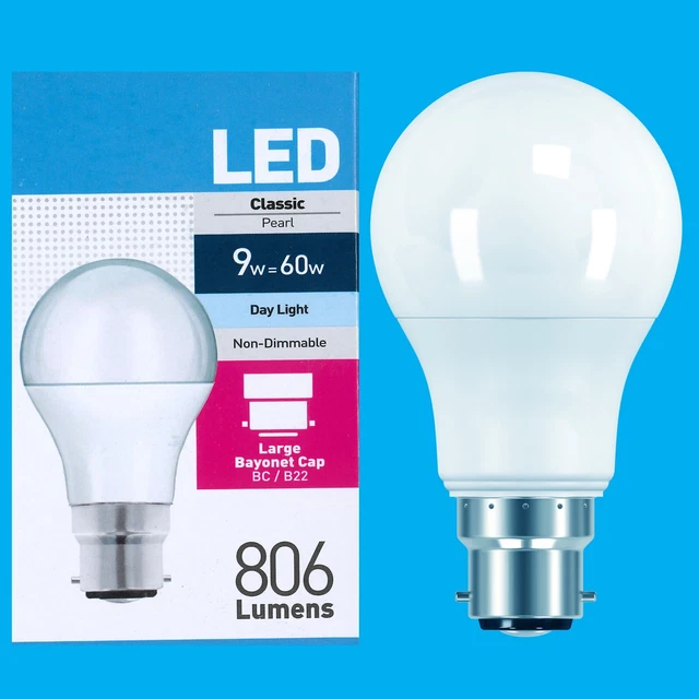 4x 9W (=60W) LED GLS Tageslicht Bajonett Kappe BC B22 Glühbirne Lampe, 6500K, 806lm