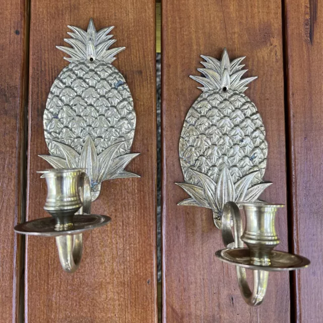 Vintage Pair Solid Brass Pineapple Wall Sconce Taper Candle Holder 8”