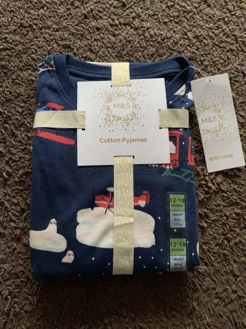 BNWT M&S Baby Boys 12-18 Months Blue Multi Christmas Pyjamas