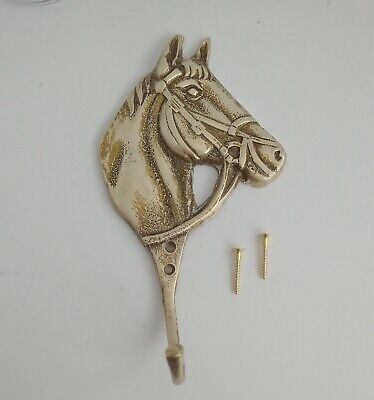 VTG Brass Horse Head Equestrian Hook Wall Mount Coat Towel Key Hanger Screws 6"