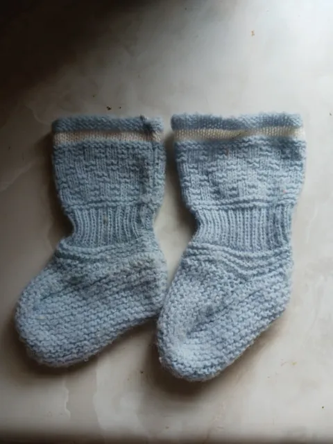 Vintage 1960s Knitted  Long Baby Booties Blue