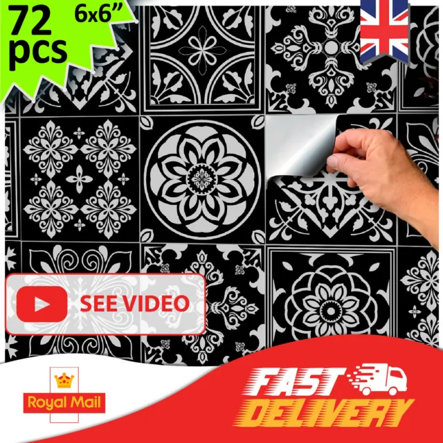 72 Tile Stickers Bathroom Tile Stickers 15x15 cm Black Tile Sticker Kitchen 6x 6