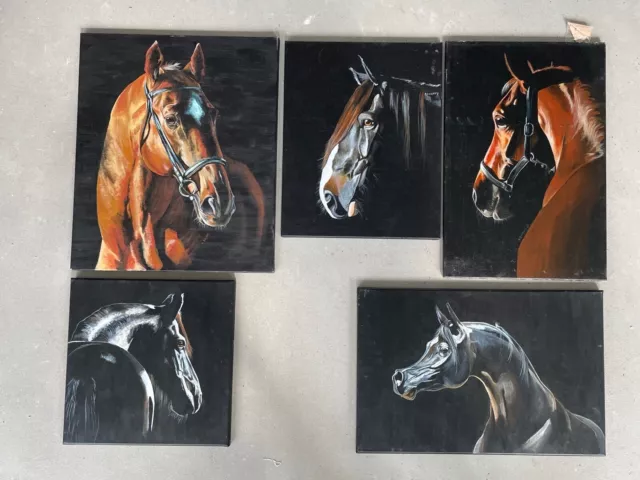 COA Pittura acrilica originale su tela SET 5x ritratto di cavallo vintage