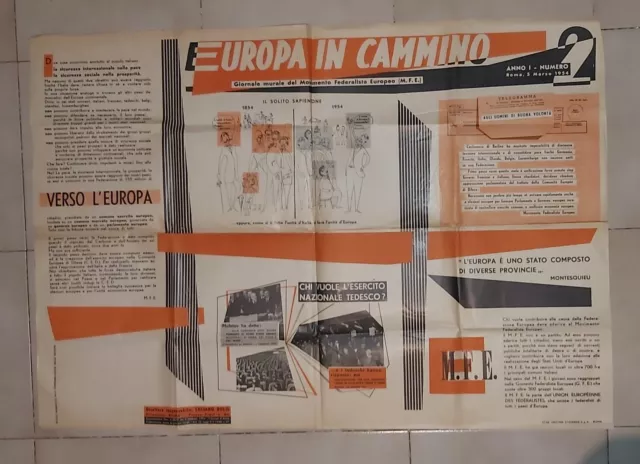 MANIFESTO GRANDE Giornale Murale Del Movimento M.F.E. 1954 EUROPA IN CAMMINO"