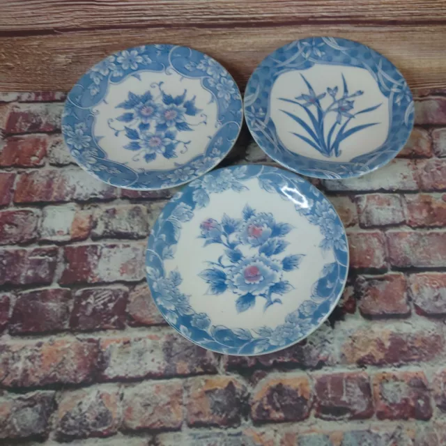 3 Japanese Blue White 6" Side Bread Plates Porcelain Chrysanthemum Chinoiserie