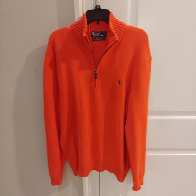 Polo Ralph Lauren Mens orange Knit Cotton Collared 1/4 Zip Sweater pullover XL