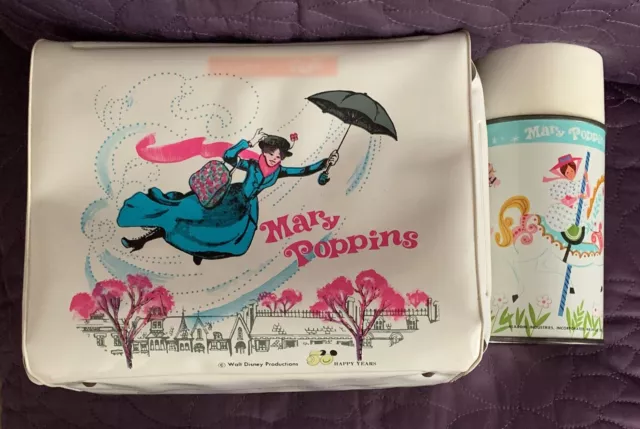 Walt Disney  Mary Poppins  Vinyl Lunch Box And Metal Thermos  Aladdin  Vintage