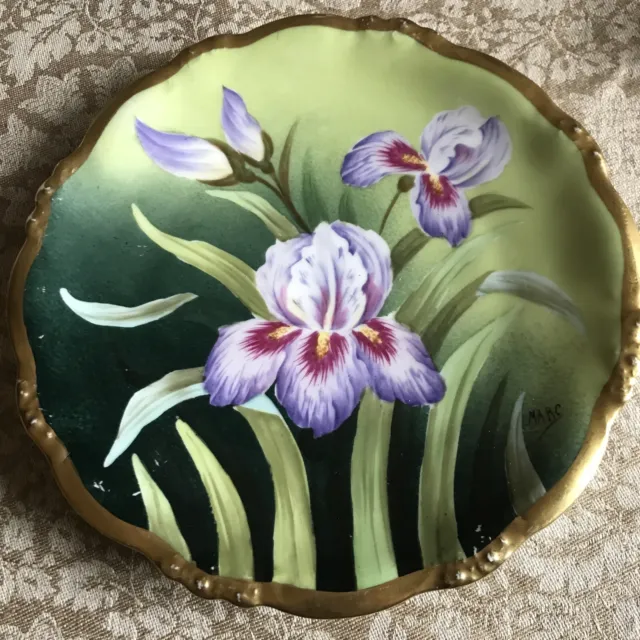 Antique P&B ELITE LIMOGES France HP Artist Signed Porcelain Plate Irises