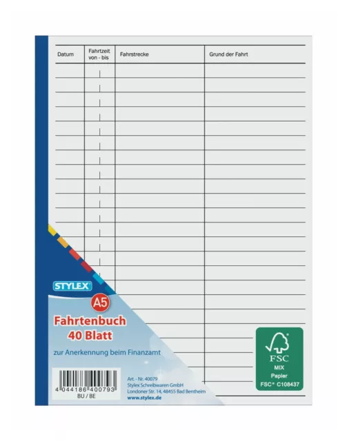 Fahrtenbuch A5 40 Blatt Formularbuch Fahrten Fahrtenblock Formularblock