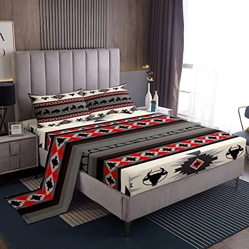 Southwest American Bed Sheet Set Twin Size,Indian Tribal Aztec Fitted Sheet +