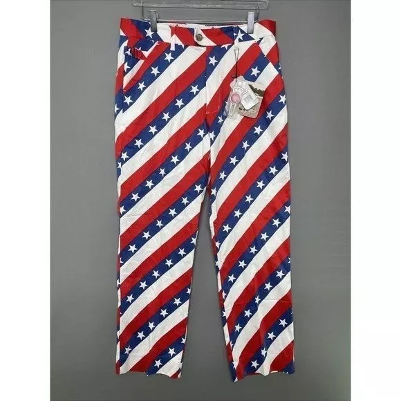 Royal & Awesome Golf Pants Mens 32 x 30 Pars and Stripes Red White Blue Stars
