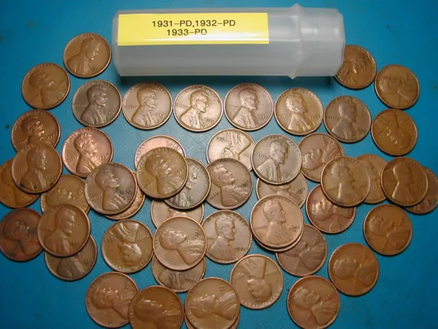 1931-P&D, 1932-P&D, 1933-P&D LINCOLN WHEAT CENT ROLL, 50 coins, tough dates!