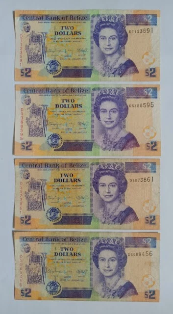 Belize 4 Queen Elizabeth II banknotes circulated.  Lot 1040