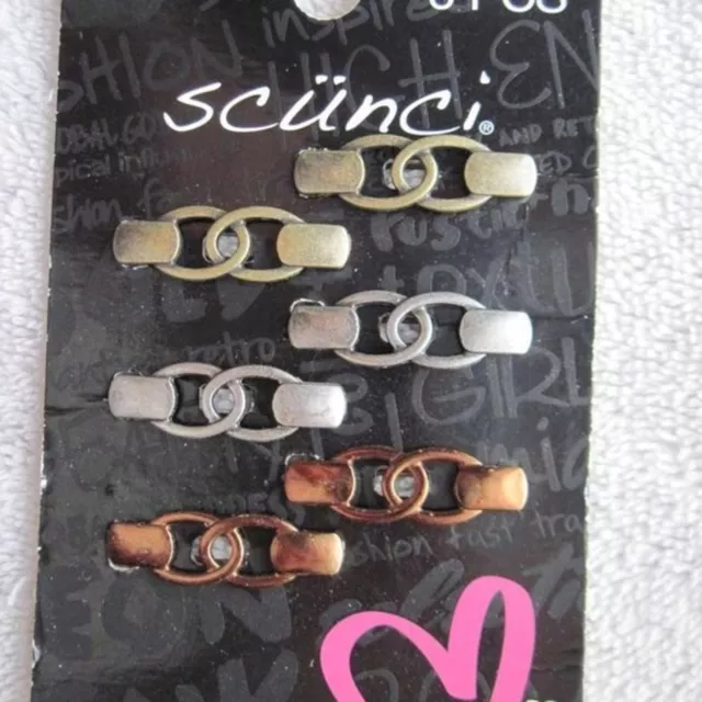 6 Scunci Metal Hair Barrette Clips Copper Silver Brass Links Secure Stay Tight