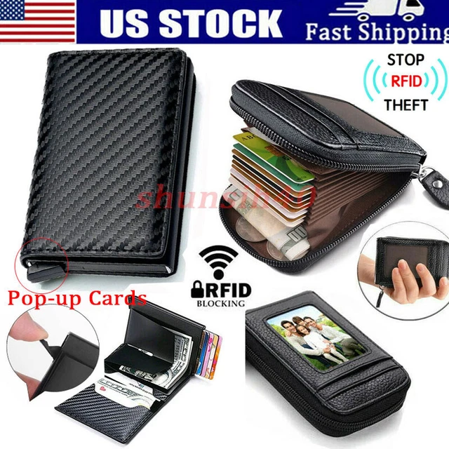 RFID Blocking Leather Mens Wallet Carbon Fiber Purse Slim ID Credit Card Holder