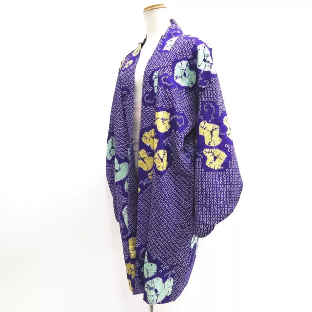 9288F1 Silk Vintage Japanese Kimono Haori Jacket Shibori Leaves Long