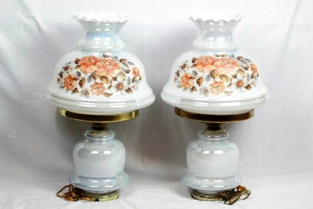 Set of 2 Vintage GWTW Parlor Table Lamps Floral Milk Glass 1-Way Electric 23"