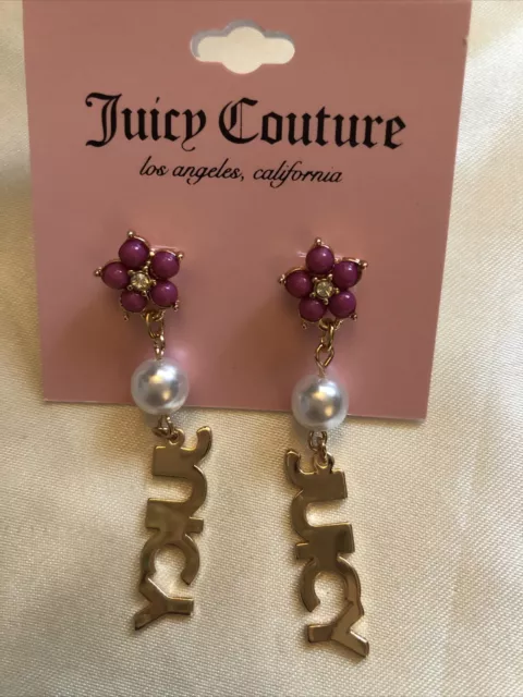 Juicy Couture Gold Tone Juicy Drop Earrings With Pink Flower & Faux Pearl NWT